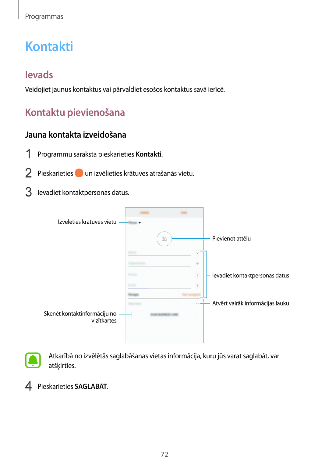 Samsung SM-G928FZKASEB, SM-G928FZDASEB, SM-G928FZKESEB manual Kontakti, Kontaktu pievienošana, Jauna kontakta izveidošana 