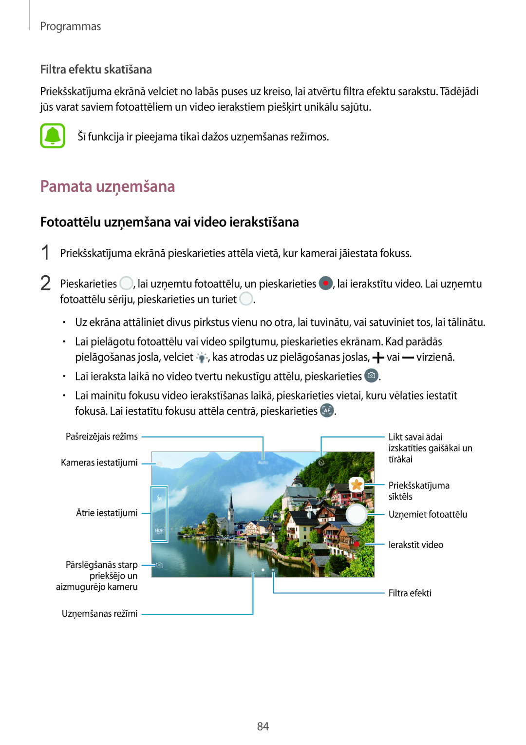 Samsung SM-G928FZKASEB manual Pamata uzņemšana, Fotoattēlu uzņemšana vai video ierakstīšana, Filtra efektu skatīšana 