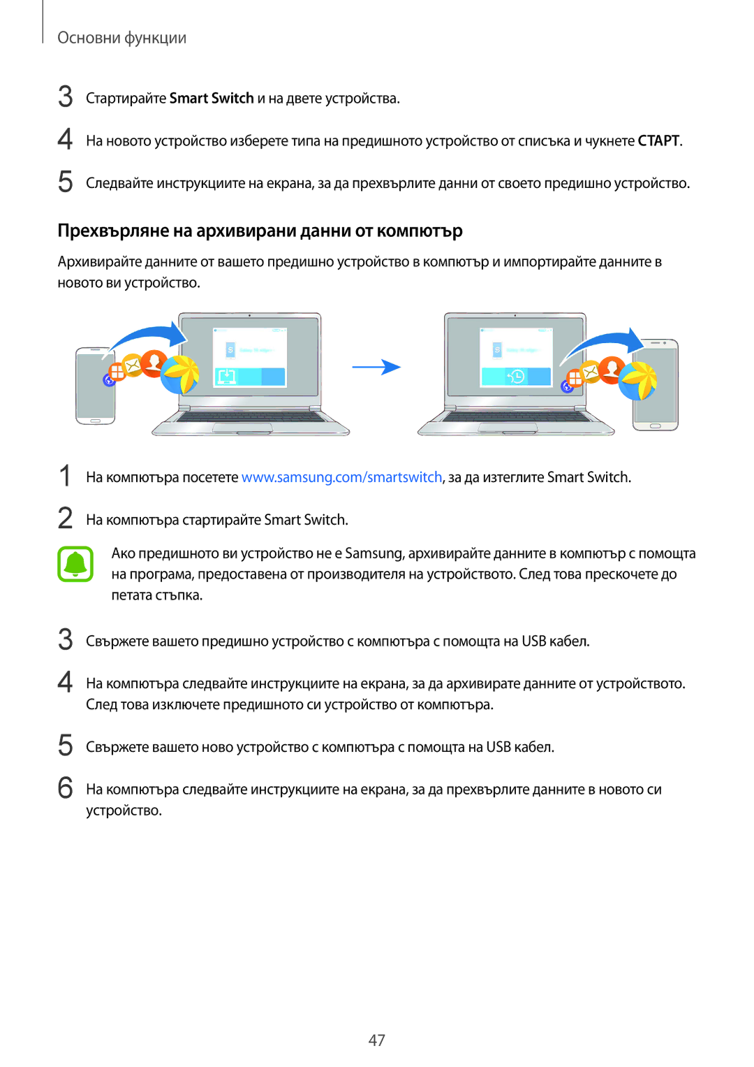 Samsung SM-G928FZKAMTL manual Прехвърляне на архивирани данни от компютър, Стартирайте Smart Switch и на двете устройства 