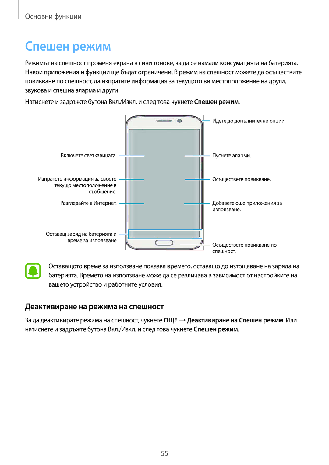 Samsung SM-G928FZDABGL, SM-G928FZSABGL, SM2G928FZSABGL, SM2G928FZDABGL manual Спешен режим, Деактивиране на режима на спешност 