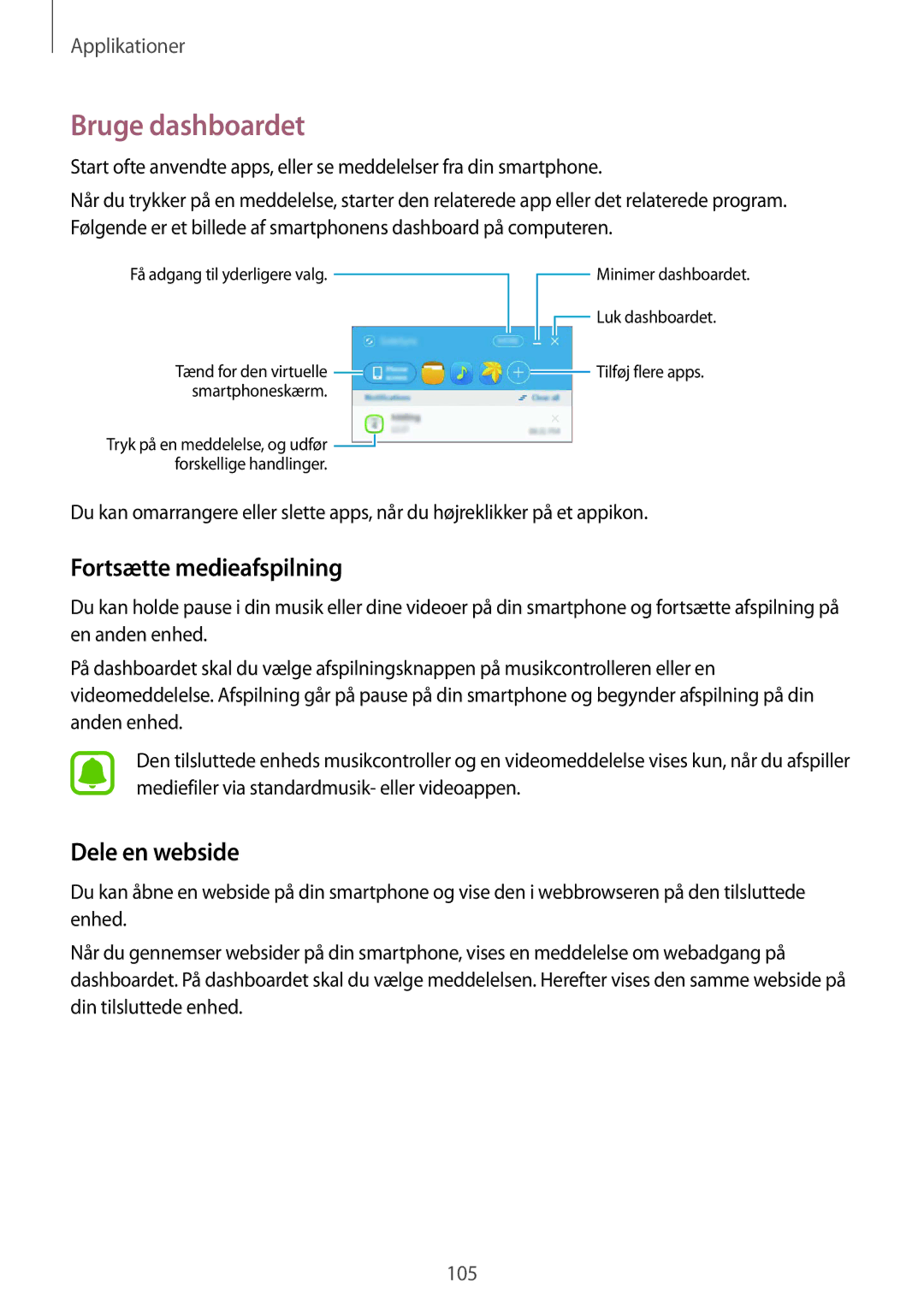 Samsung SM-G928FZSANEE, SM-G928FZDANEE, SM-G928FZKANEE manual Bruge dashboardet, Fortsætte medieafspilning, Dele en webside 