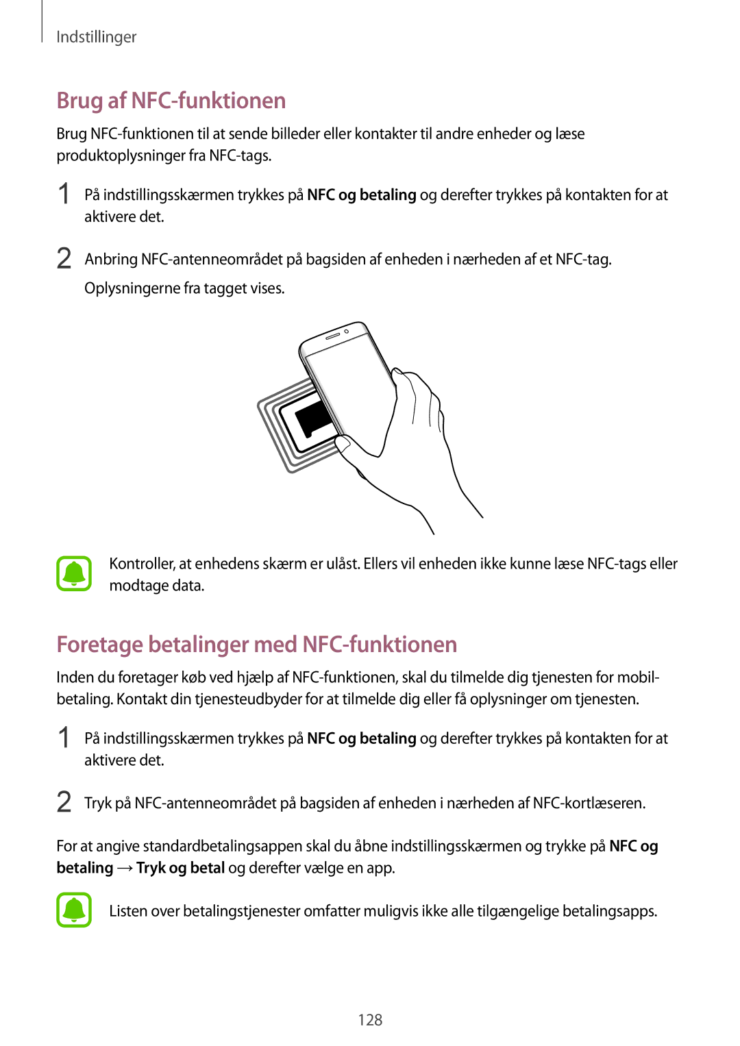 Samsung SM-G928FZKANEE, SM-G928FZSANEE, SM-G928FZDANEE manual Brug af NFC-funktionen, Foretage betalinger med NFC-funktionen 