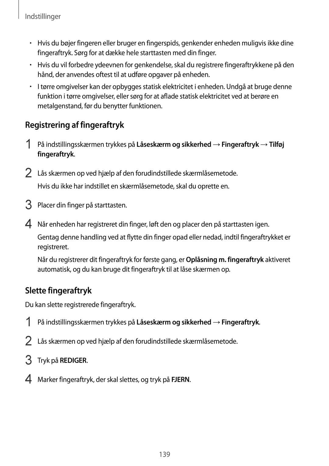 Samsung SM-G928FZDANEE, SM-G928FZSANEE, SM-G928FZKANEE manual Registrering af fingeraftryk, Slette fingeraftryk 