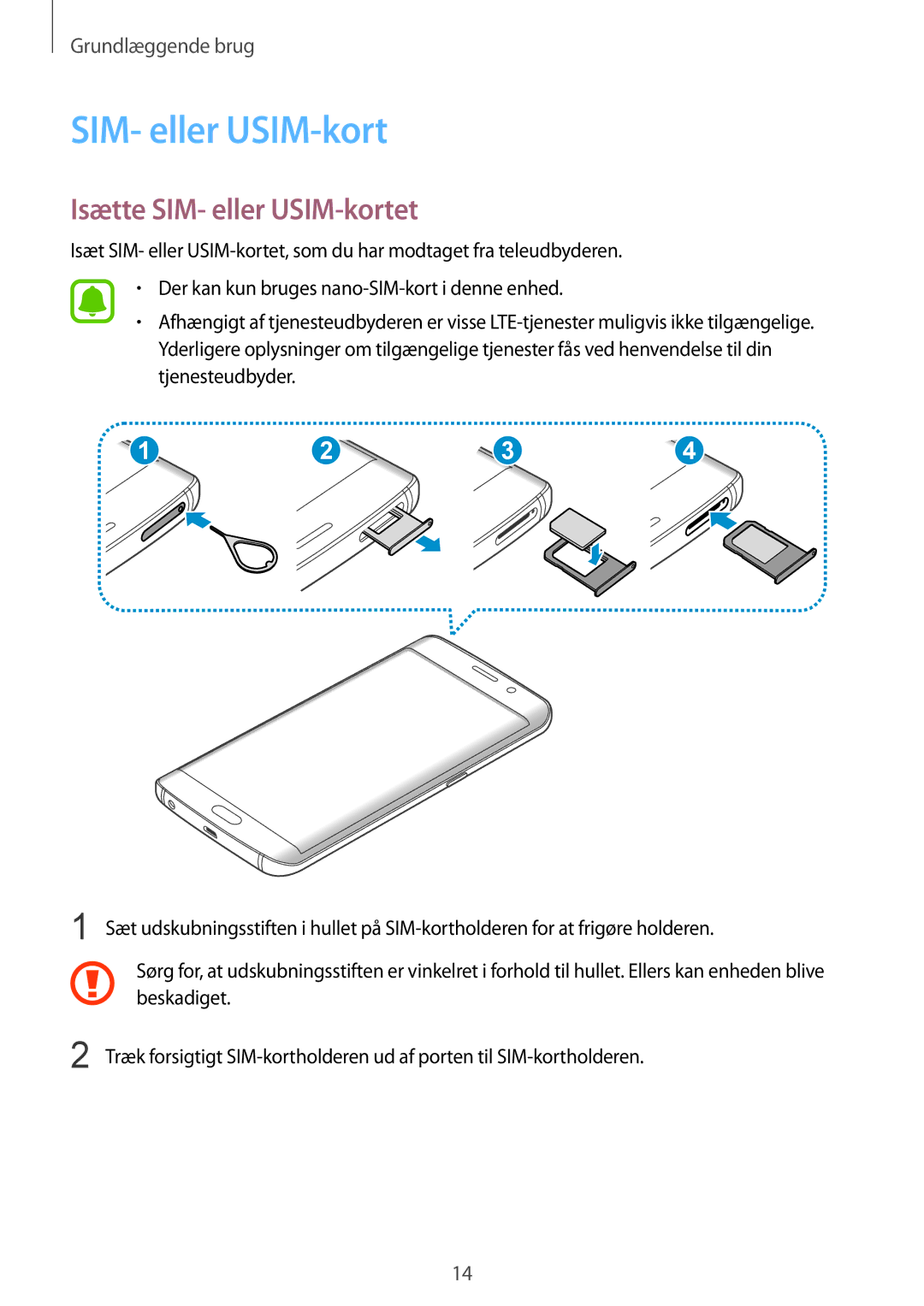 Samsung SM-G928FZKANEE, SM-G928FZSANEE, SM-G928FZDANEE manual Isætte SIM- eller USIM-kortet 