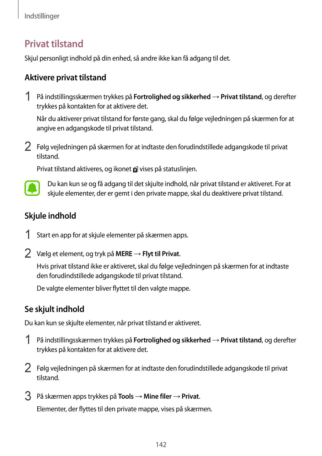 Samsung SM-G928FZDANEE, SM-G928FZSANEE manual Privat tilstand, Aktivere privat tilstand, Skjule indhold, Se skjult indhold 