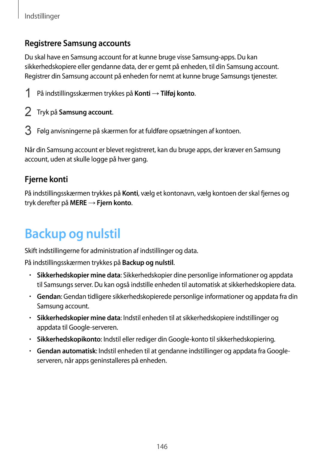 Samsung SM-G928FZKANEE manual Backup og nulstil, Registrere Samsung accounts, Fjerne konti, Tryk på Samsung account 