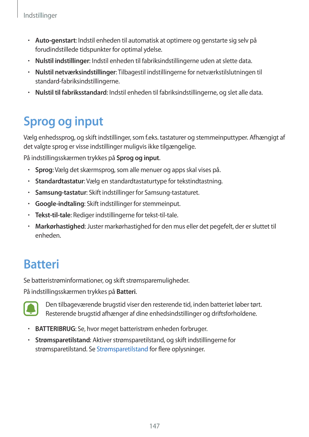 Samsung SM-G928FZSANEE, SM-G928FZDANEE manual Sprog og input, Batteribrug Se, hvor meget batteristrøm enheden forbruger 