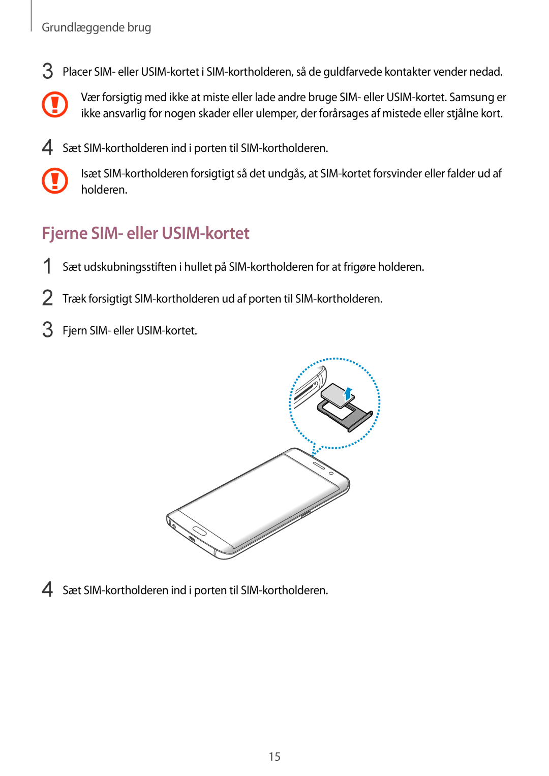 Samsung SM-G928FZSANEE, SM-G928FZDANEE, SM-G928FZKANEE manual Fjerne SIM- eller USIM-kortet 