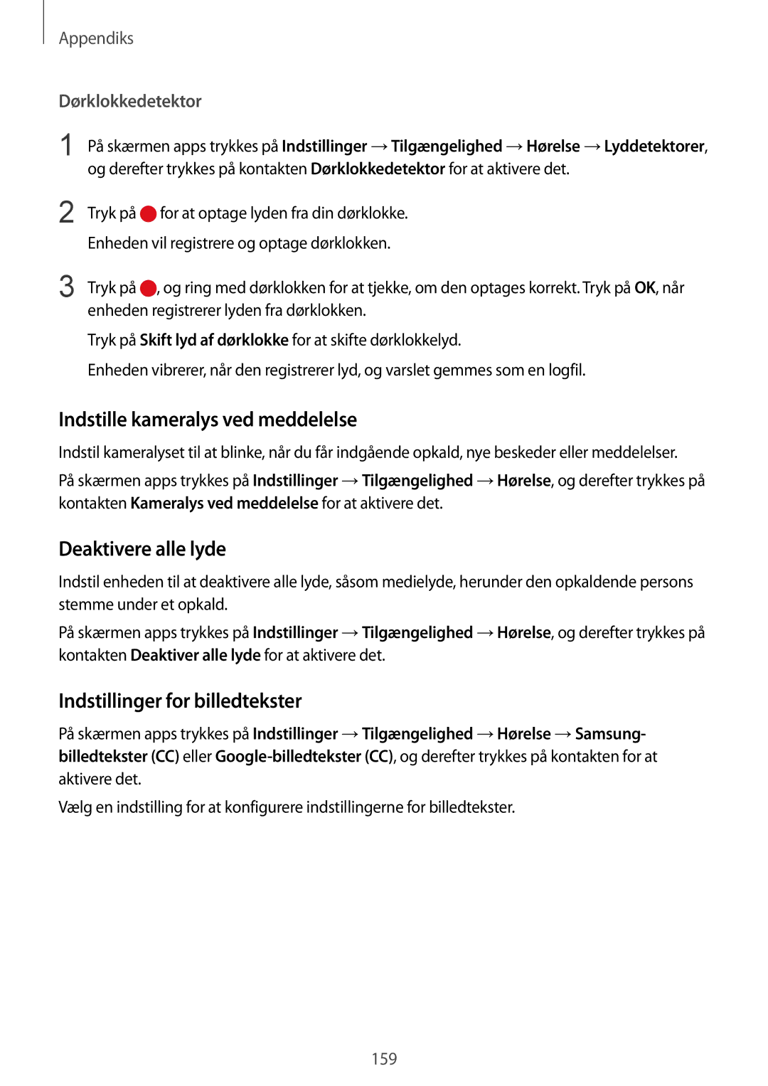 Samsung SM-G928FZSANEE manual Indstille kameralys ved meddelelse, Deaktivere alle lyde, Indstillinger for billedtekster 