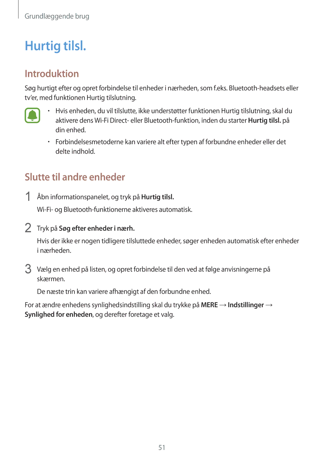 Samsung SM-G928FZSANEE, SM-G928FZDANEE manual Hurtig tilsl, Slutte til andre enheder, Tryk på Søg efter enheder i nærh 