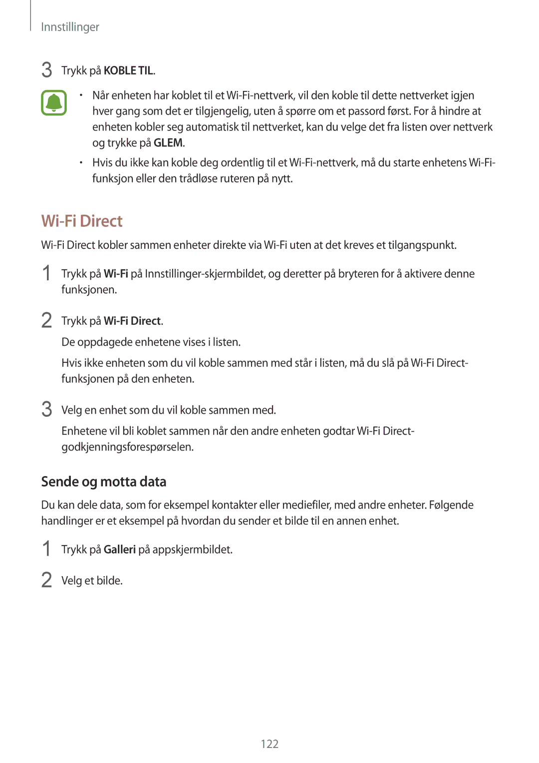 Samsung SM-G928FZKANEE, SM-G928FZSANEE, SM-G928FZDANEE manual Sende og motta data, Trykk på Wi-Fi Direct 
