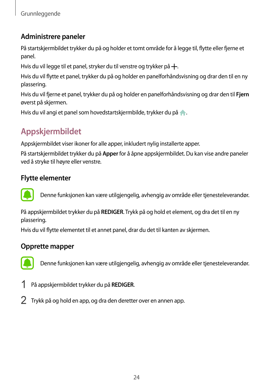 Samsung SM-G928FZSANEE, SM-G928FZDANEE, SM-G928FZKANEE manual Appskjermbildet, Administrere paneler, Flytte elementer 