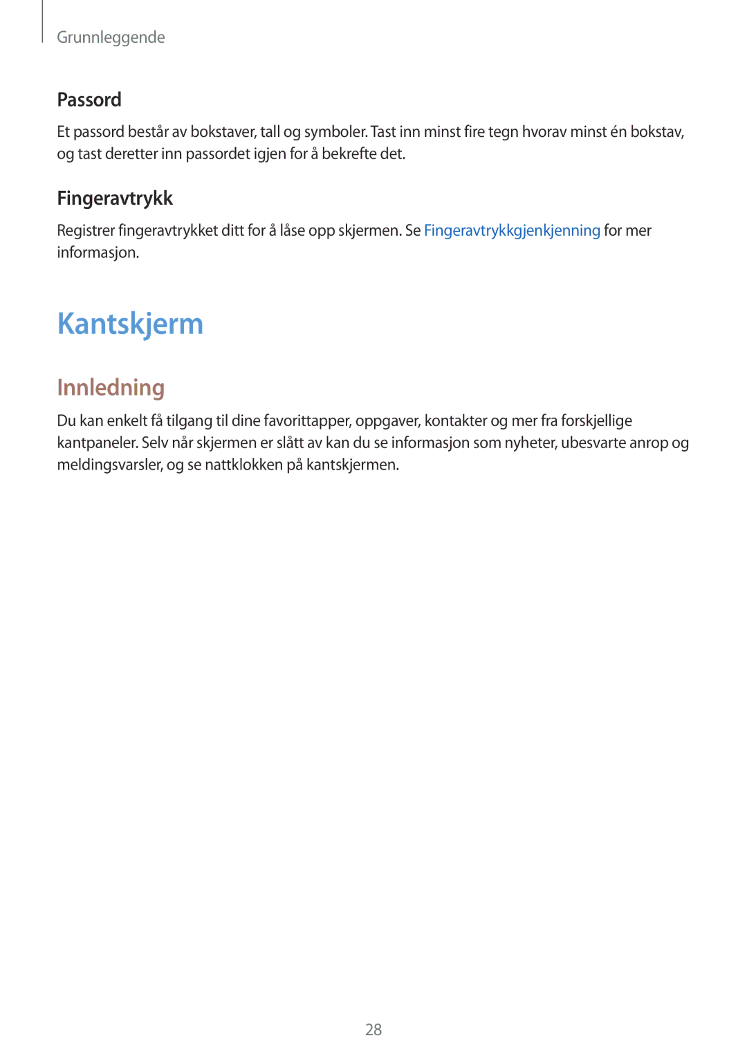 Samsung SM-G928FZDANEE, SM-G928FZSANEE, SM-G928FZKANEE manual Kantskjerm, Innledning, Passord, Fingeravtrykk 