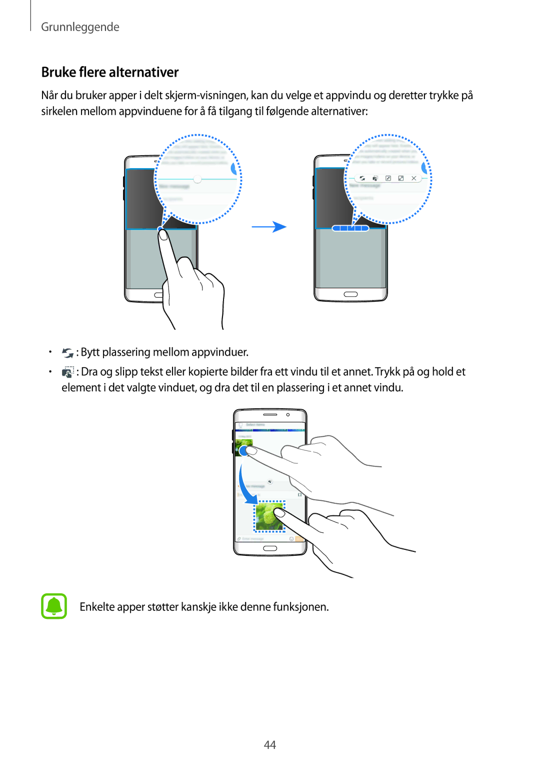 Samsung SM-G928FZKANEE, SM-G928FZSANEE, SM-G928FZDANEE manual Bruke flere alternativer, Bytt plassering mellom appvinduer 