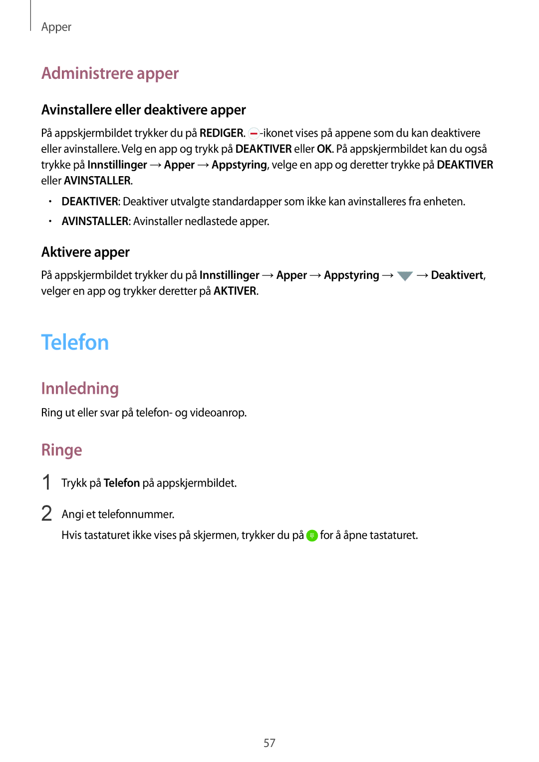 Samsung SM-G928FZSANEE manual Telefon, Administrere apper, Ringe, Avinstallere eller deaktivere apper, Aktivere apper 
