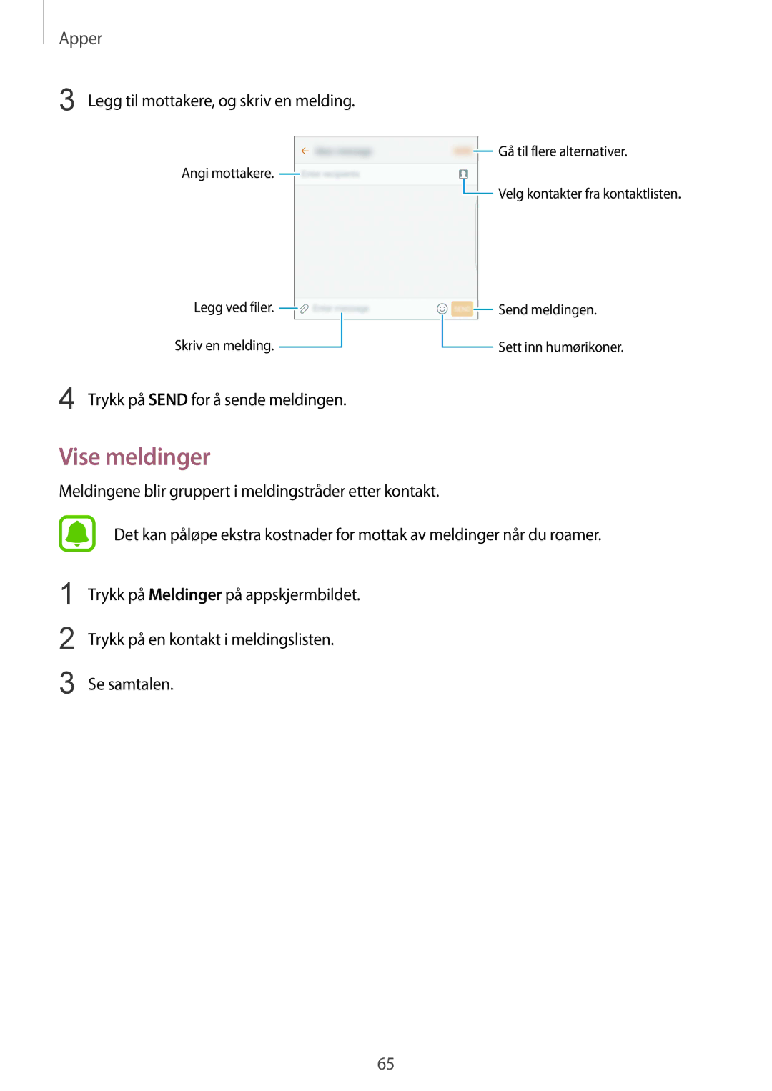 Samsung SM-G928FZKANEE, SM-G928FZSANEE, SM-G928FZDANEE manual Vise meldinger, Legg til mottakere, og skriv en melding 