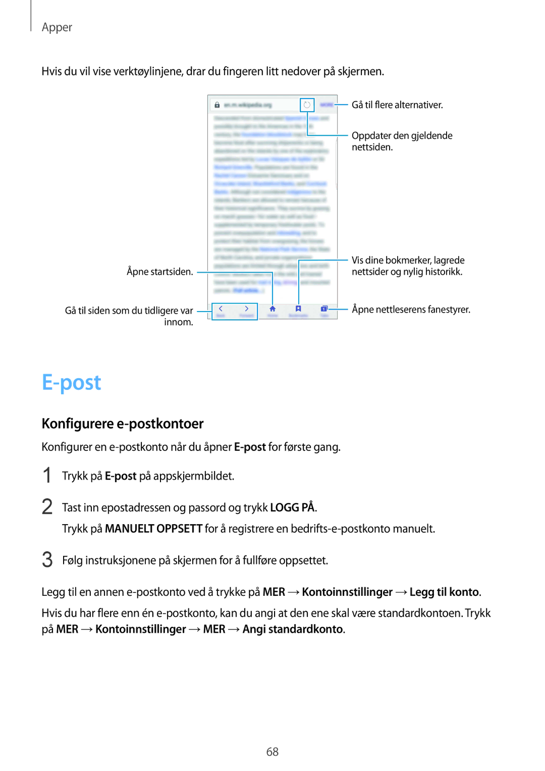 Samsung SM-G928FZKANEE, SM-G928FZSANEE, SM-G928FZDANEE manual Post, Konfigurere e-postkontoer 