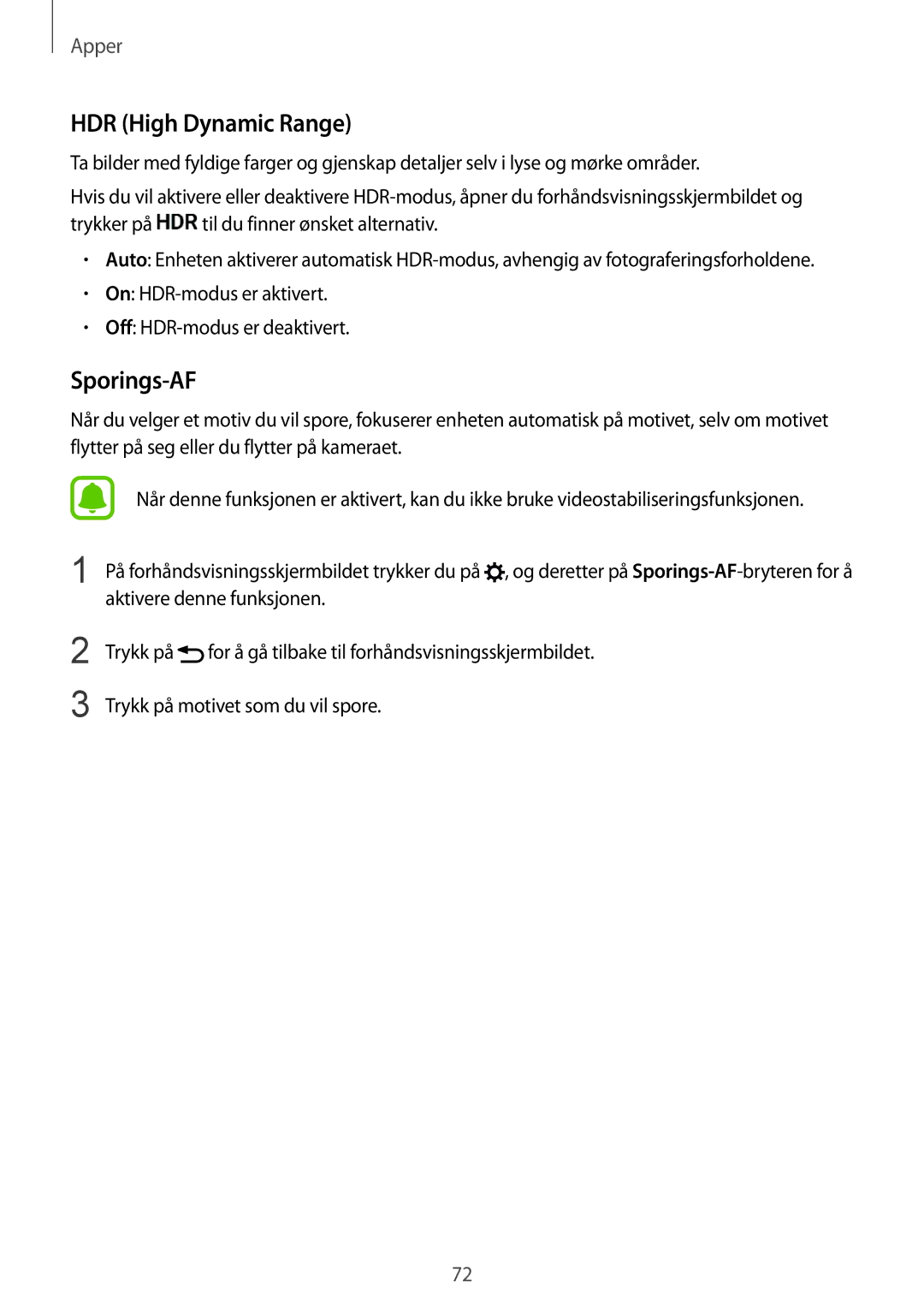Samsung SM-G928FZSANEE, SM-G928FZDANEE, SM-G928FZKANEE manual HDR High Dynamic Range, Sporings-AF 