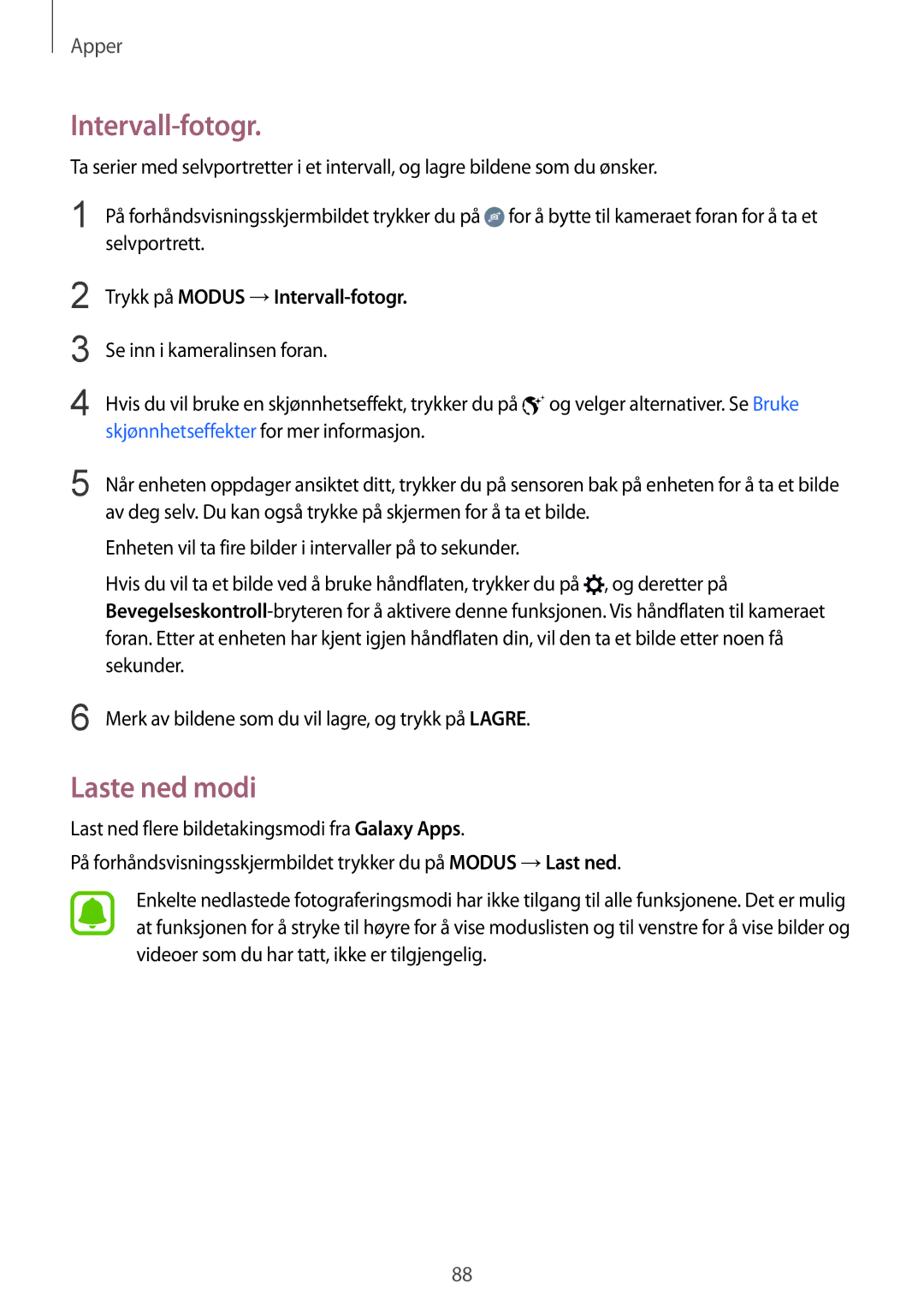 Samsung SM-G928FZDANEE, SM-G928FZSANEE, SM-G928FZKANEE manual Laste ned modi, Trykk på Modus →Intervall-fotogr 
