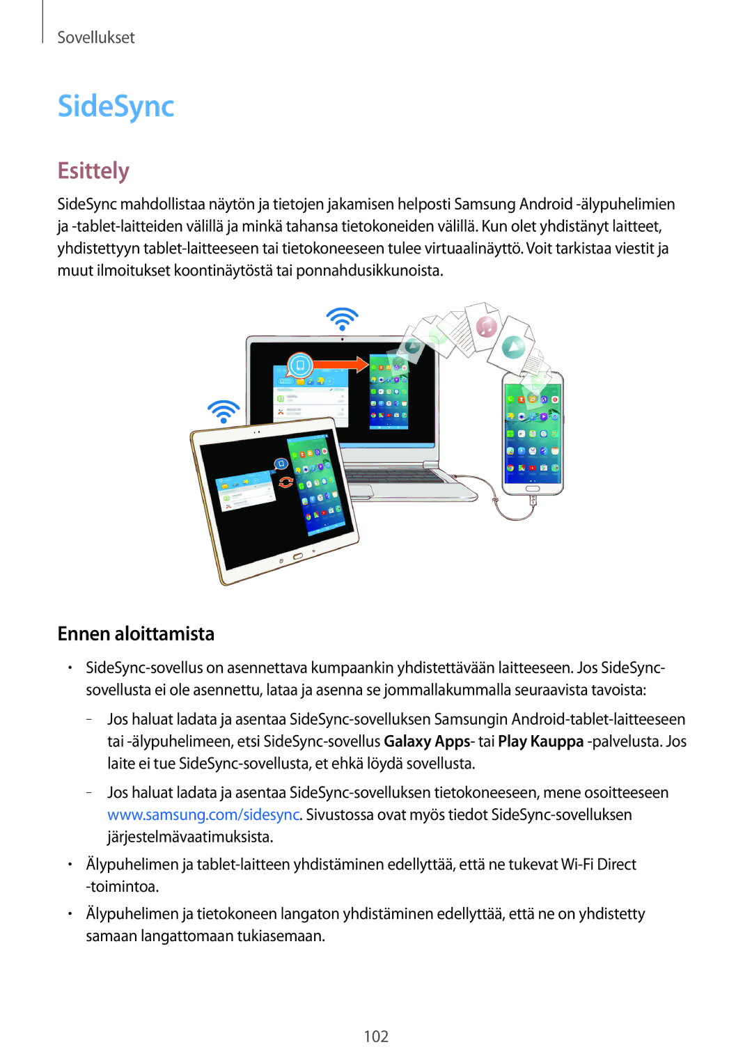 Samsung SM-G928FZSANEE, SM-G928FZDANEE, SM-G928FZKANEE manual SideSync, Ennen aloittamista 