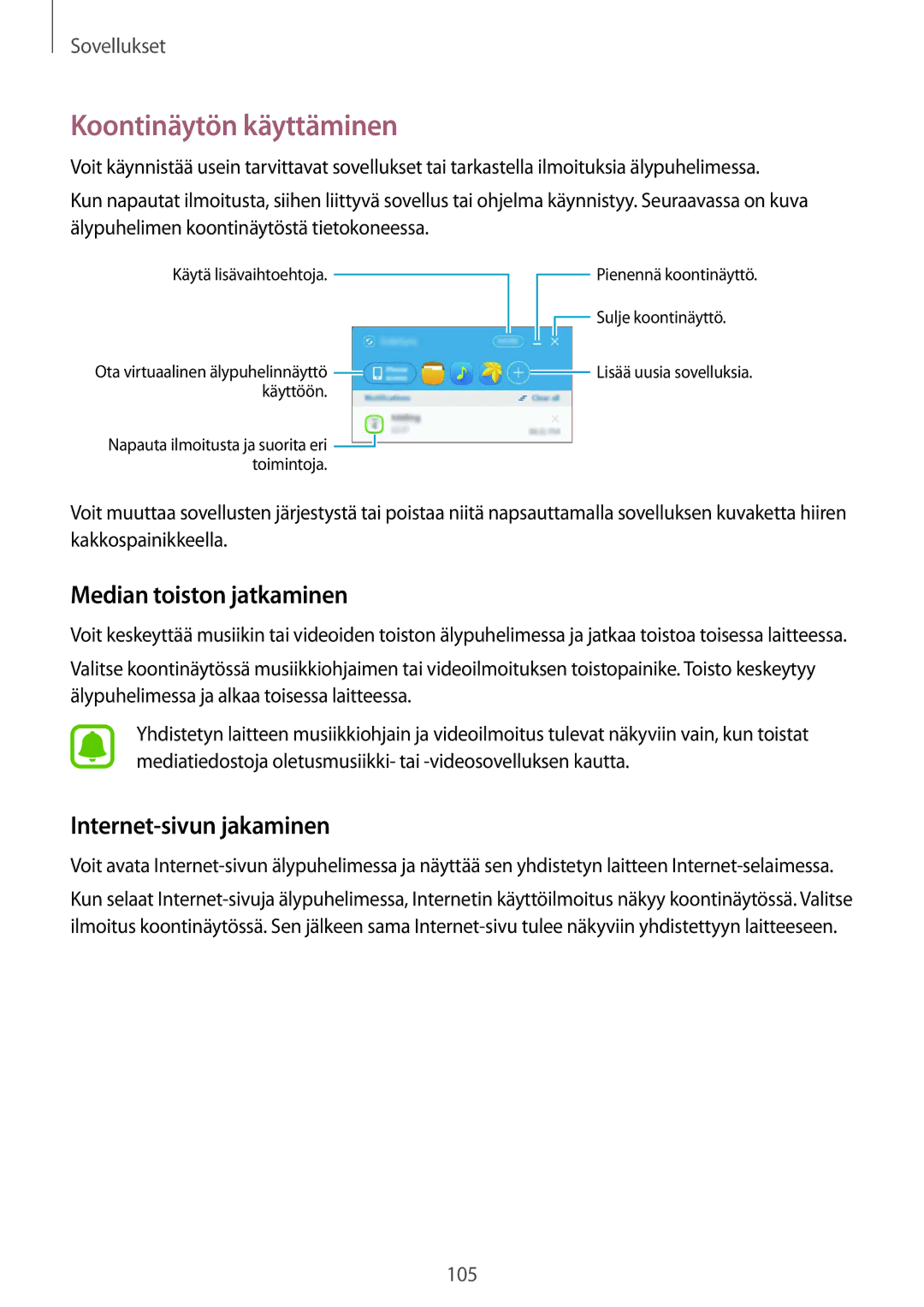 Samsung SM-G928FZSANEE, SM-G928FZDANEE manual Koontinäytön käyttäminen, Median toiston jatkaminen, Internet-sivun jakaminen 