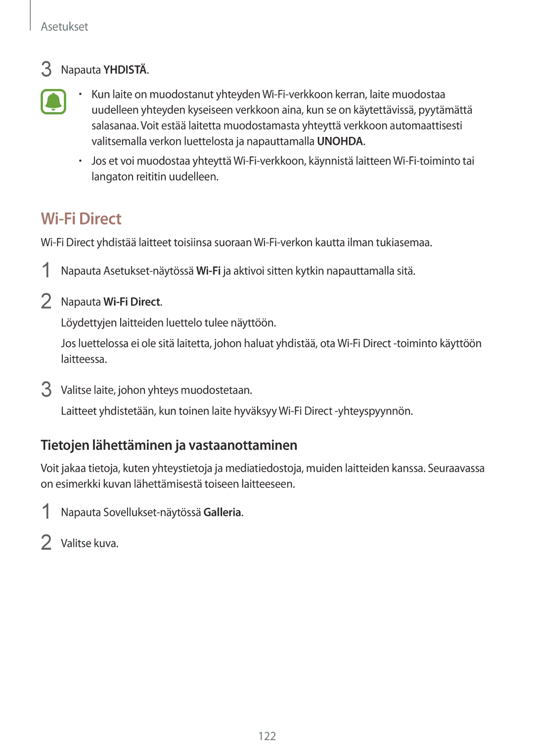 Samsung SM-G928FZKANEE, SM-G928FZSANEE, SM-G928FZDANEE Tietojen lähettäminen ja vastaanottaminen, Napauta Wi-Fi Direct 