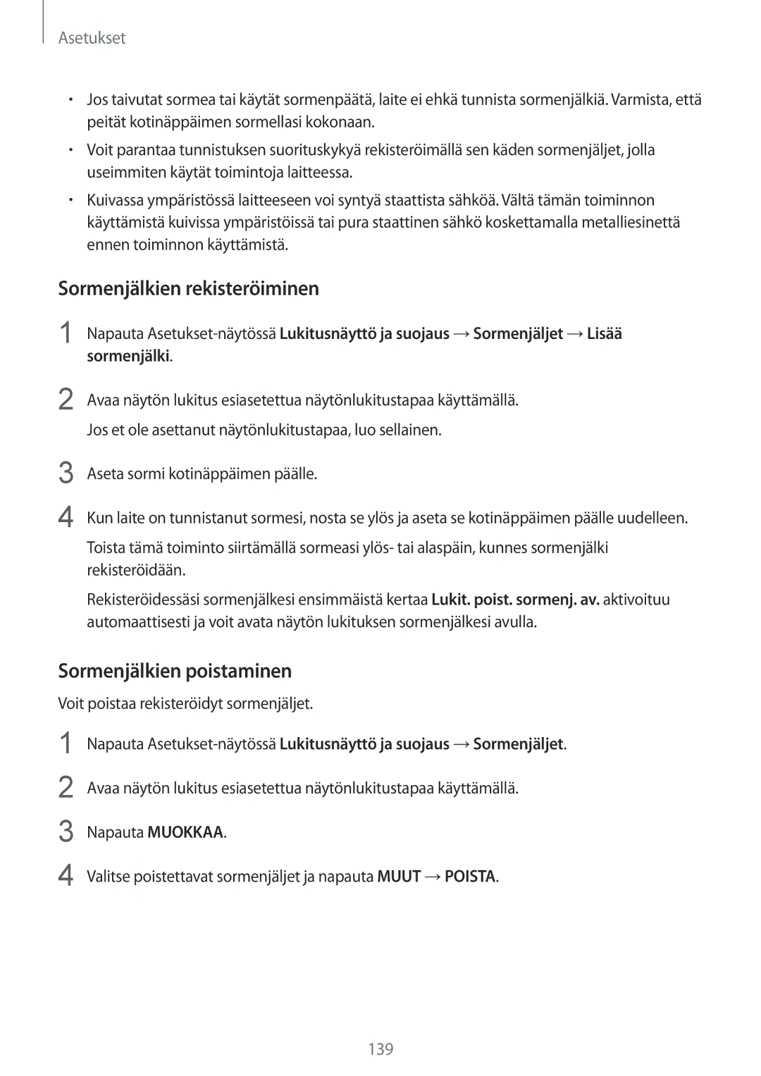 Samsung SM-G928FZDANEE, SM-G928FZSANEE, SM-G928FZKANEE manual Sormenjälkien rekisteröiminen, Sormenjälkien poistaminen 