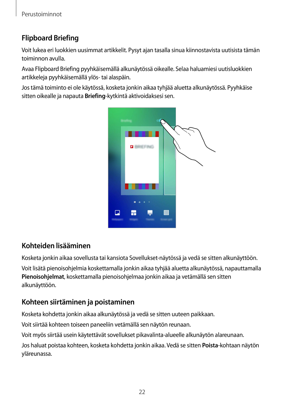 Samsung SM-G928FZDANEE, SM-G928FZSANEE manual Flipboard Briefing, Kohteiden lisääminen, Kohteen siirtäminen ja poistaminen 