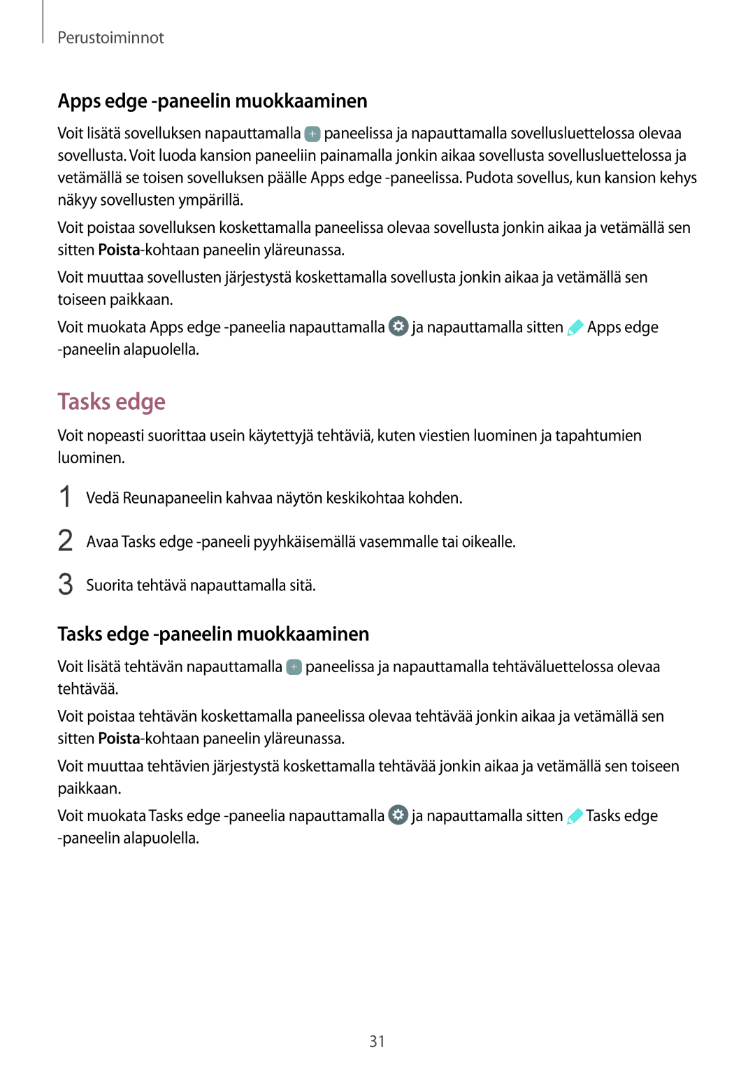 Samsung SM-G928FZDANEE, SM-G928FZSANEE manual Apps edge -paneelin muokkaaminen, Tasks edge -paneelin muokkaaminen 