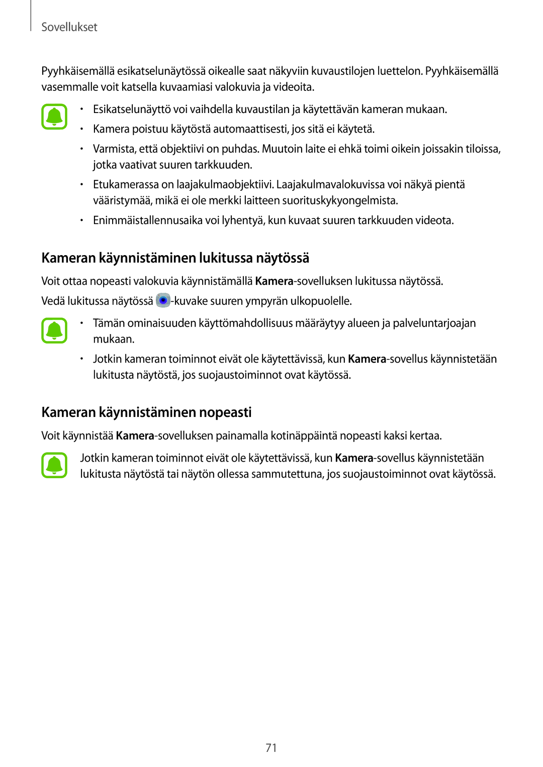 Samsung SM-G928FZKANEE, SM-G928FZSANEE manual Kameran käynnistäminen lukitussa näytössä, Kameran käynnistäminen nopeasti 