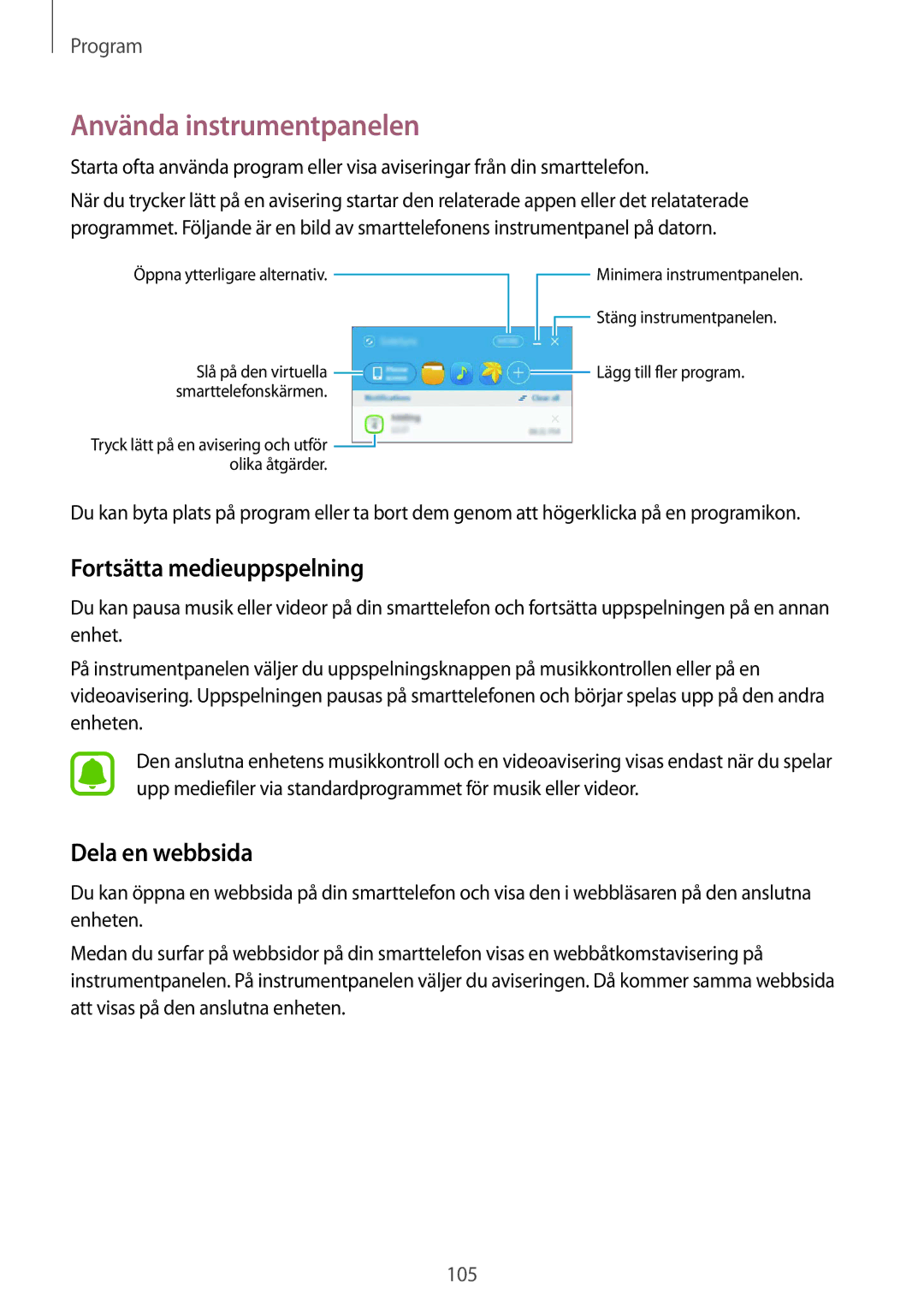 Samsung SM-G928FZSANEE, SM-G928FZDANEE manual Använda instrumentpanelen, Fortsätta medieuppspelning, Dela en webbsida 