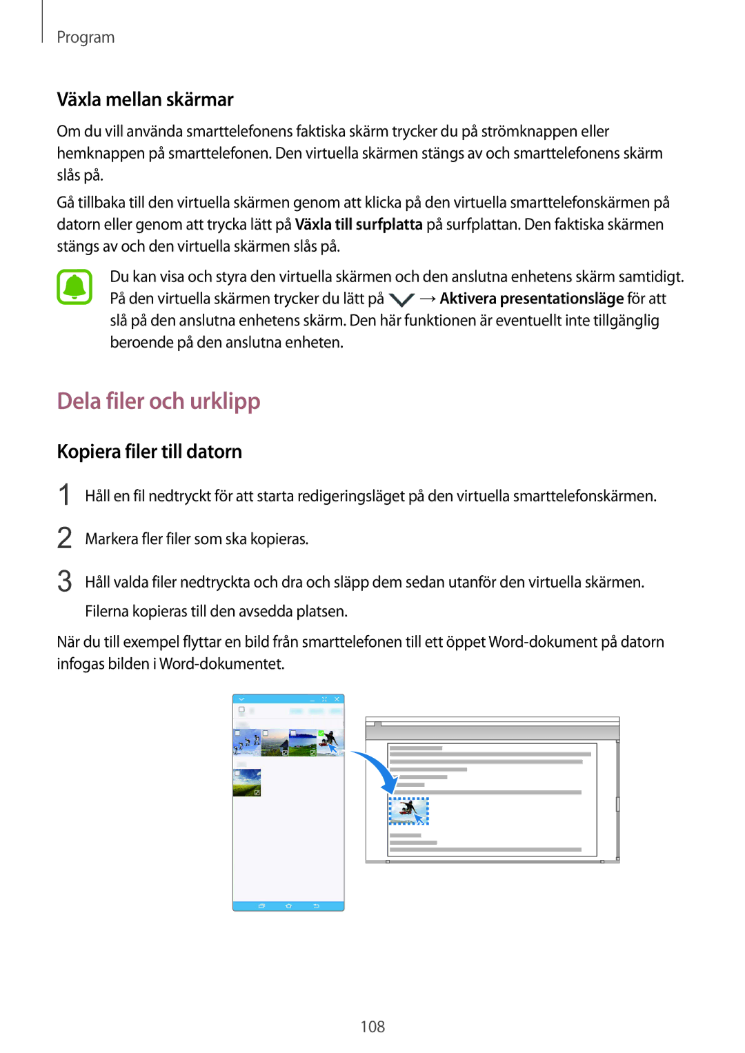 Samsung SM-G928FZSANEE, SM-G928FZDANEE manual Dela filer och urklipp, Växla mellan skärmar, Kopiera filer till datorn 