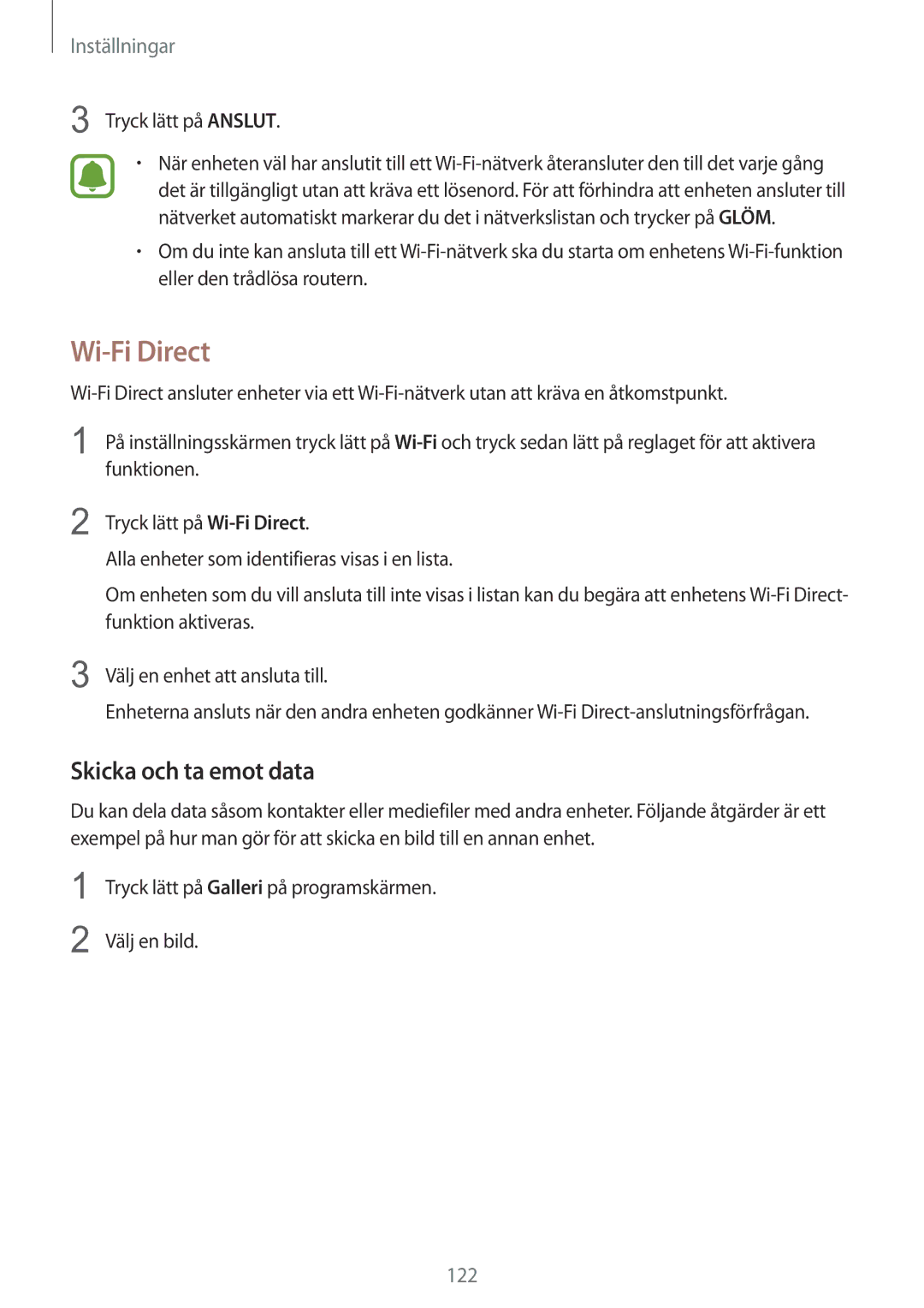 Samsung SM-G928FZKANEE, SM-G928FZSANEE, SM-G928FZDANEE manual Wi-Fi Direct, Skicka och ta emot data, Tryck lätt på Anslut 