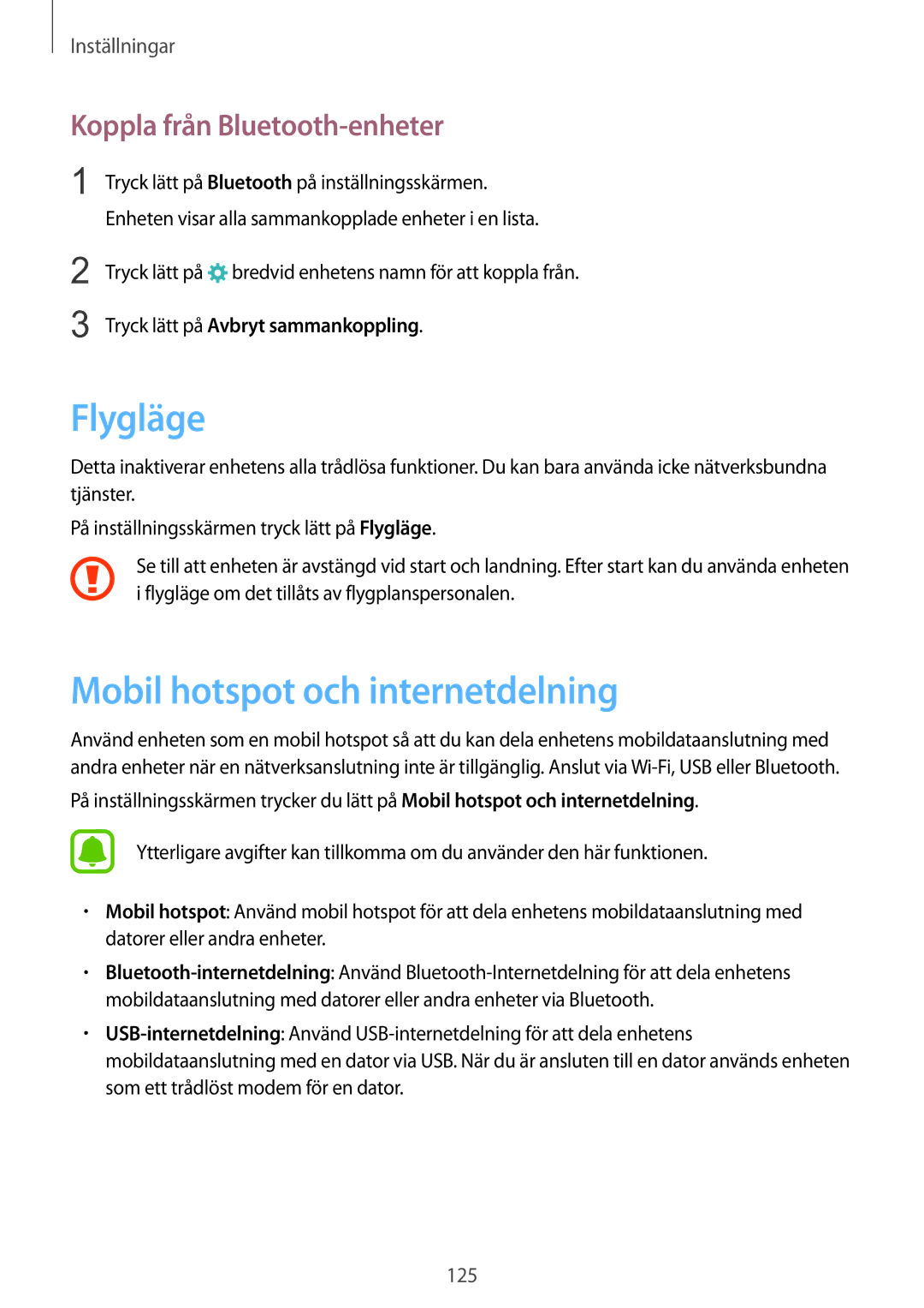 Samsung SM-G928FZKANEE, SM-G928FZSANEE manual Flygläge, Mobil hotspot och internetdelning, Koppla från Bluetooth-enheter 