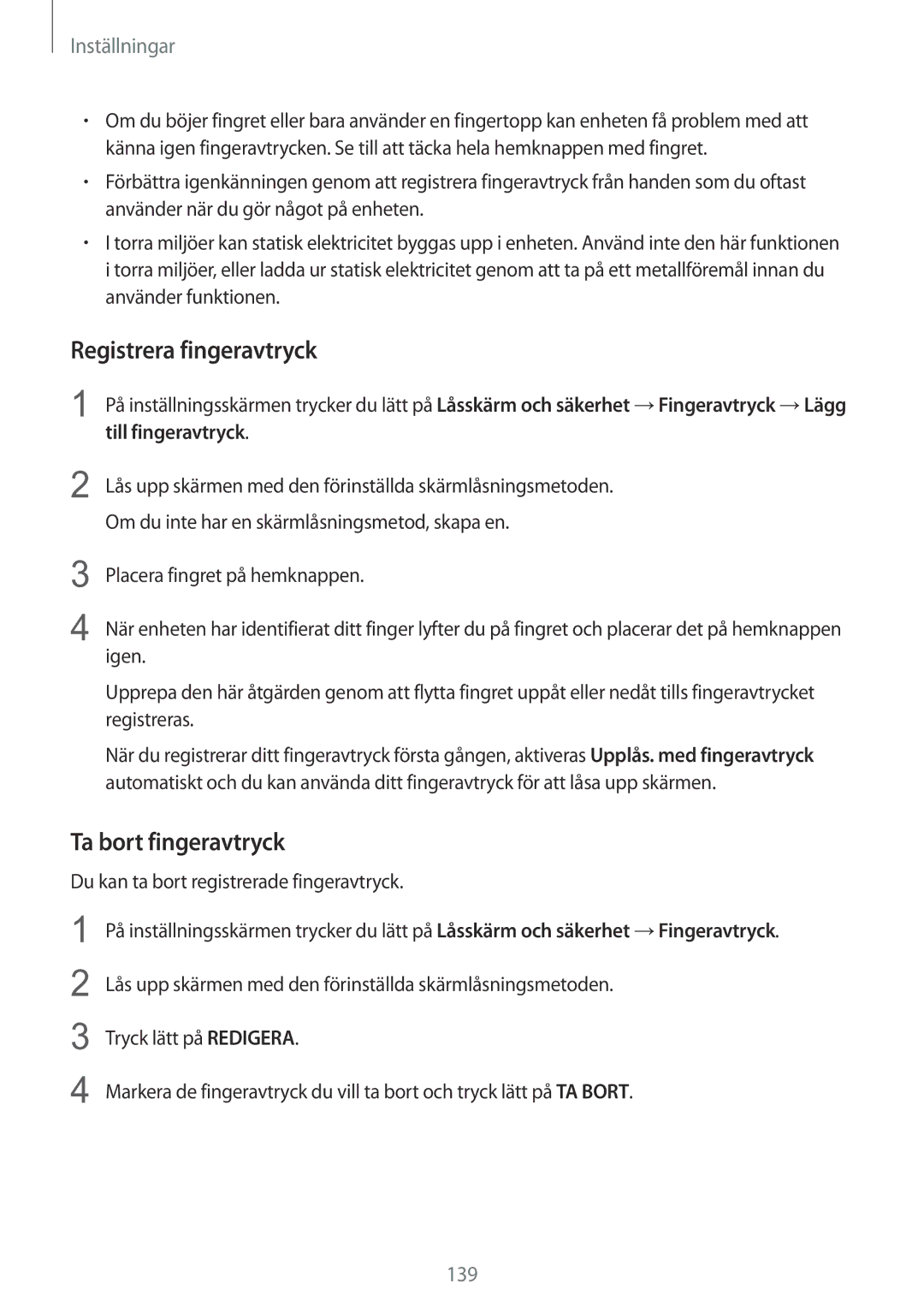 Samsung SM-G928FZDANEE, SM-G928FZSANEE, SM-G928FZKANEE manual Registrera fingeravtryck, Ta bort fingeravtryck 