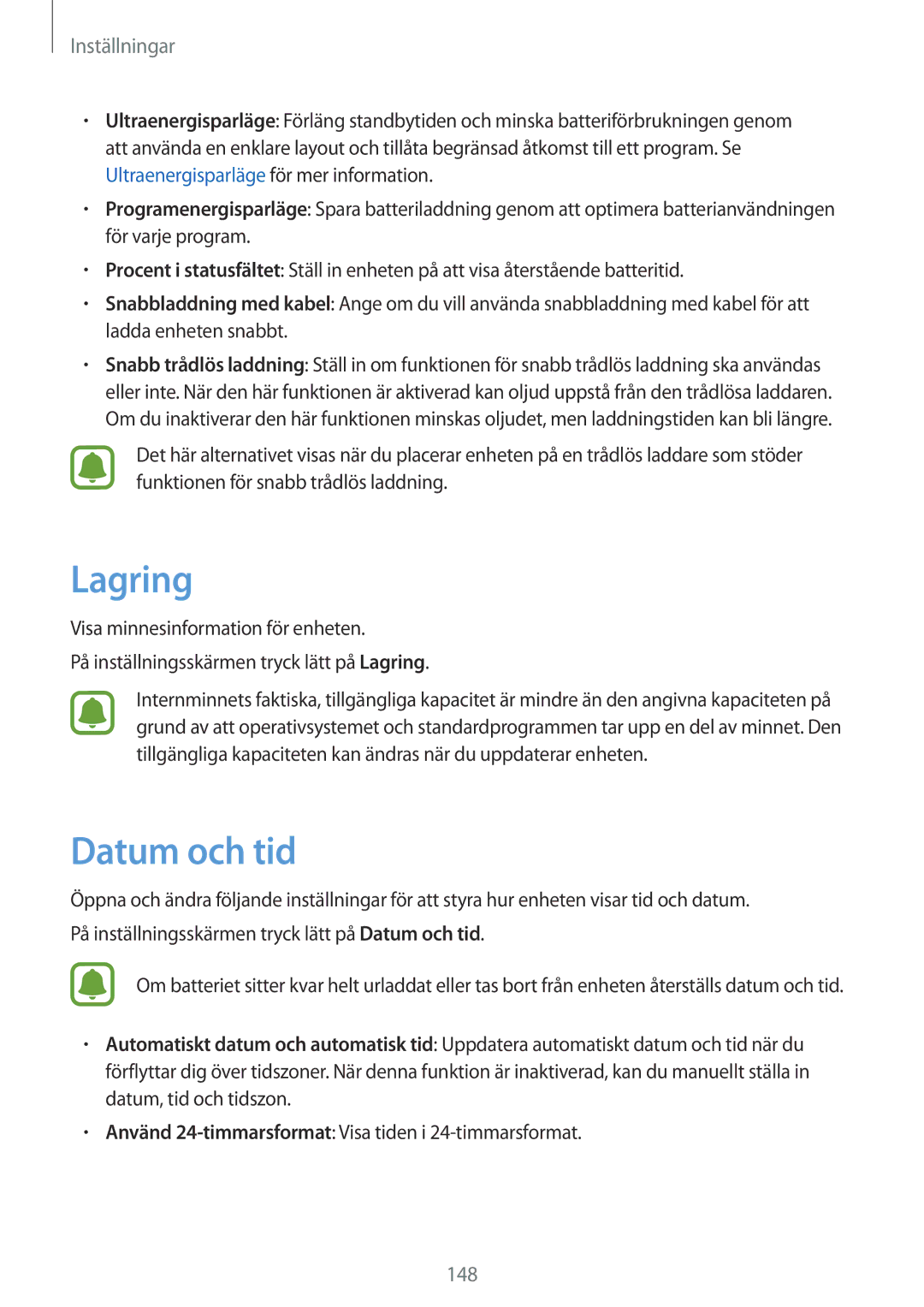 Samsung SM-G928FZDANEE, SM-G928FZSANEE manual Lagring, Datum och tid, Använd 24-timmarsformat Visa tiden i 24-timmarsformat 