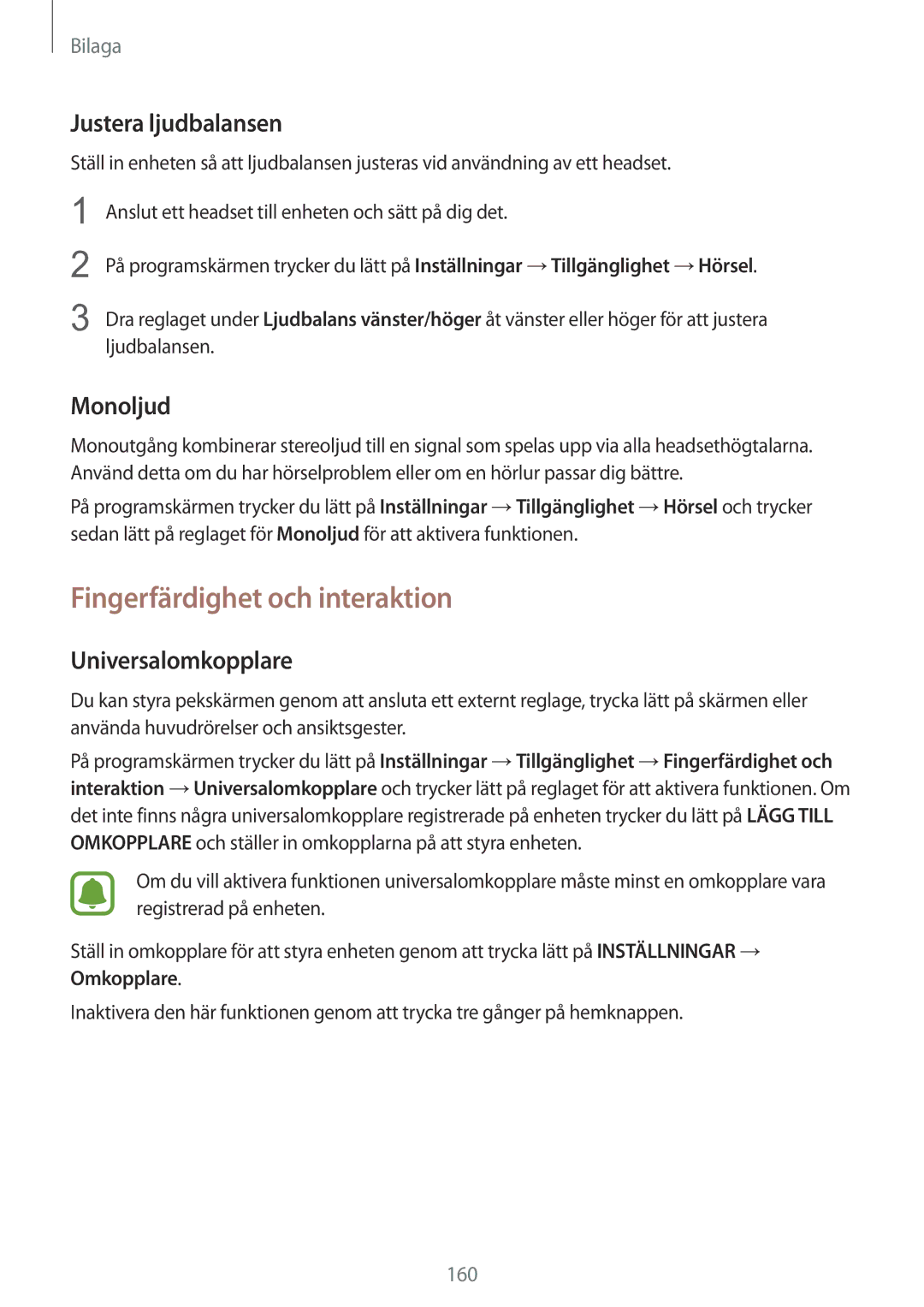 Samsung SM-G928FZDANEE Fingerfärdighet och interaktion, Justera ljudbalansen, Monoljud, Universalomkopplare, Ljudbalansen 