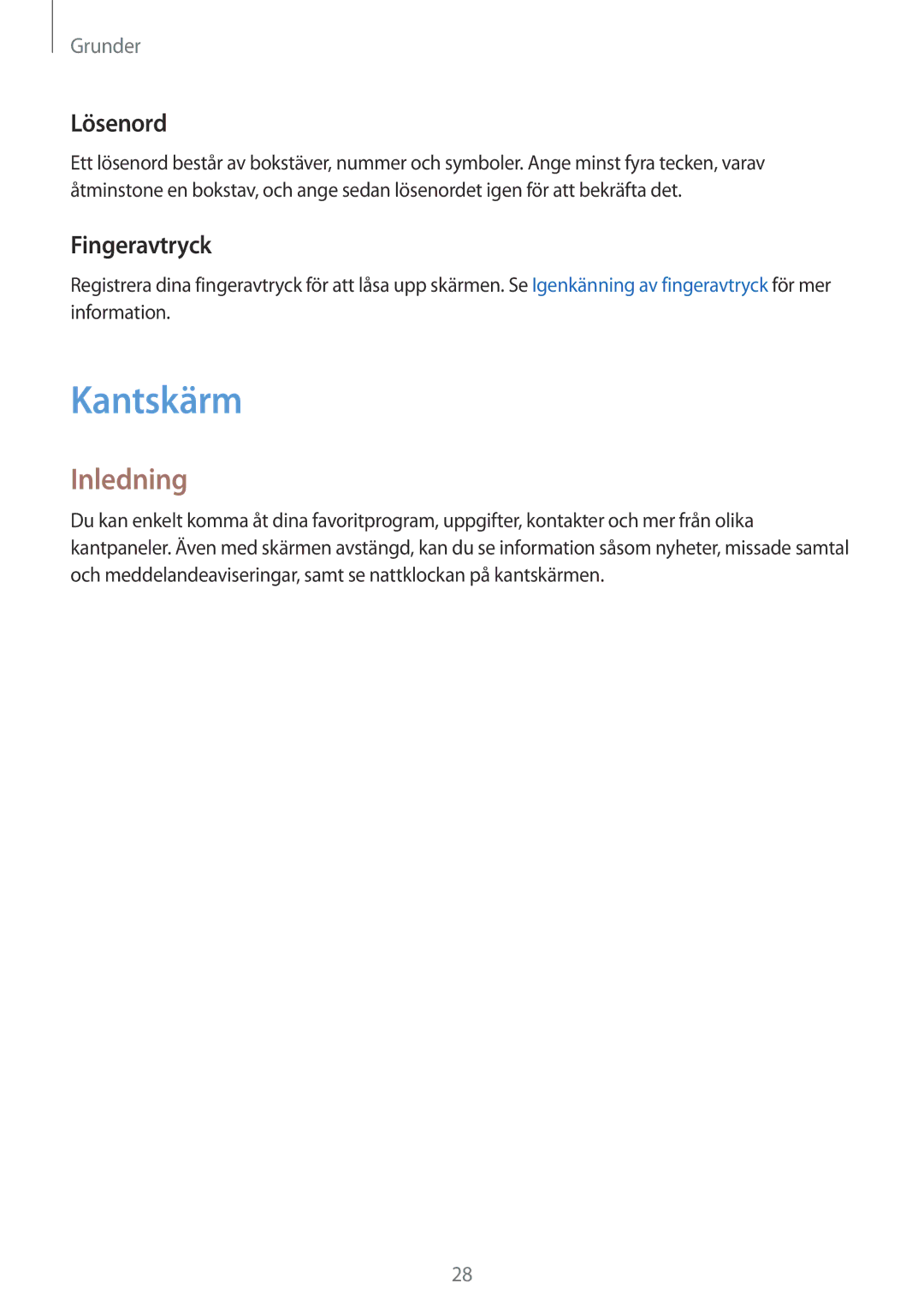 Samsung SM-G928FZDANEE, SM-G928FZSANEE, SM-G928FZKANEE manual Kantskärm, Inledning, Lösenord, Fingeravtryck 