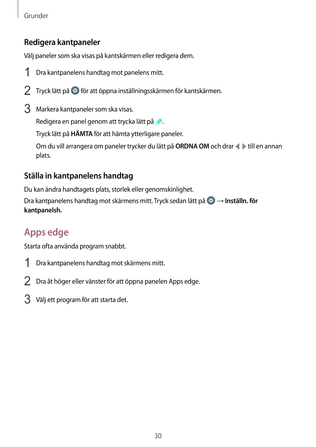 Samsung SM-G928FZSANEE, SM-G928FZDANEE, SM-G928FZKANEE manual Apps edge, Redigera kantpaneler, Ställa in kantpanelens handtag 