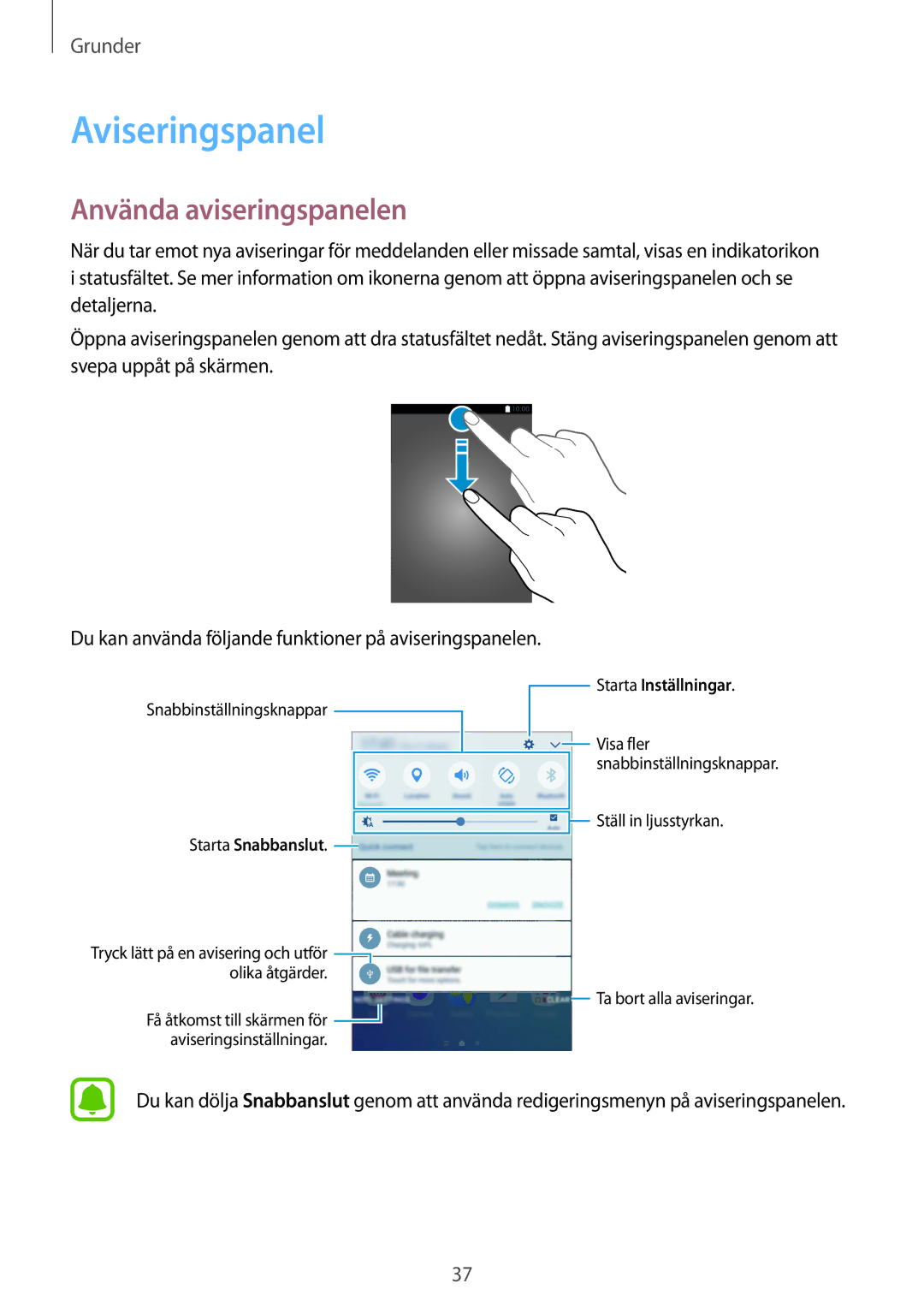 Samsung SM-G928FZDANEE, SM-G928FZSANEE, SM-G928FZKANEE manual Aviseringspanel, Använda aviseringspanelen 