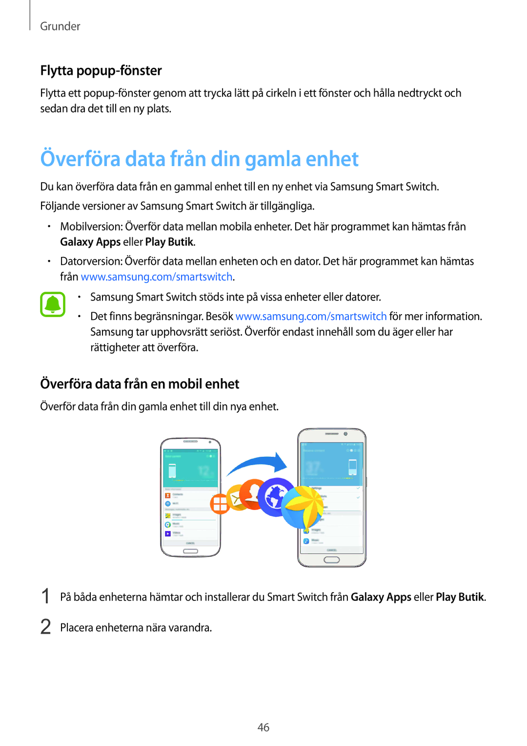 Samsung SM-G928FZDANEE manual Överföra data från din gamla enhet, Flytta popup-fönster, Överföra data från en mobil enhet 