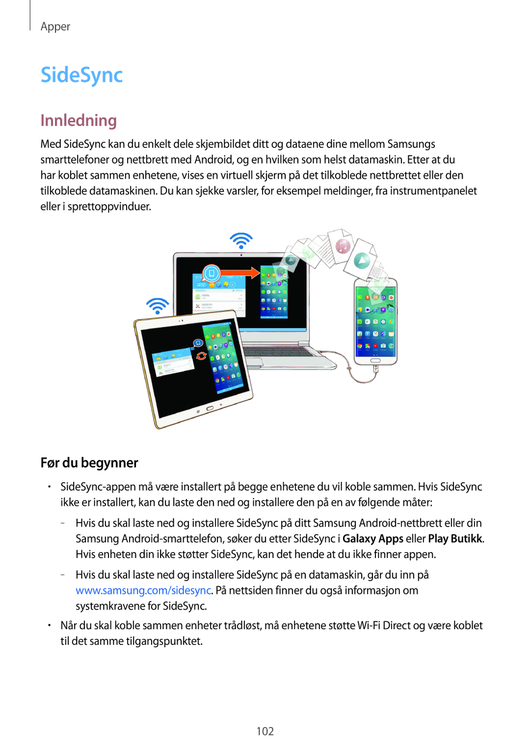 Samsung SM-G928FZSANEE, SM-G928FZDANEE, SM-G928FZKANEE manual SideSync, Før du begynner 