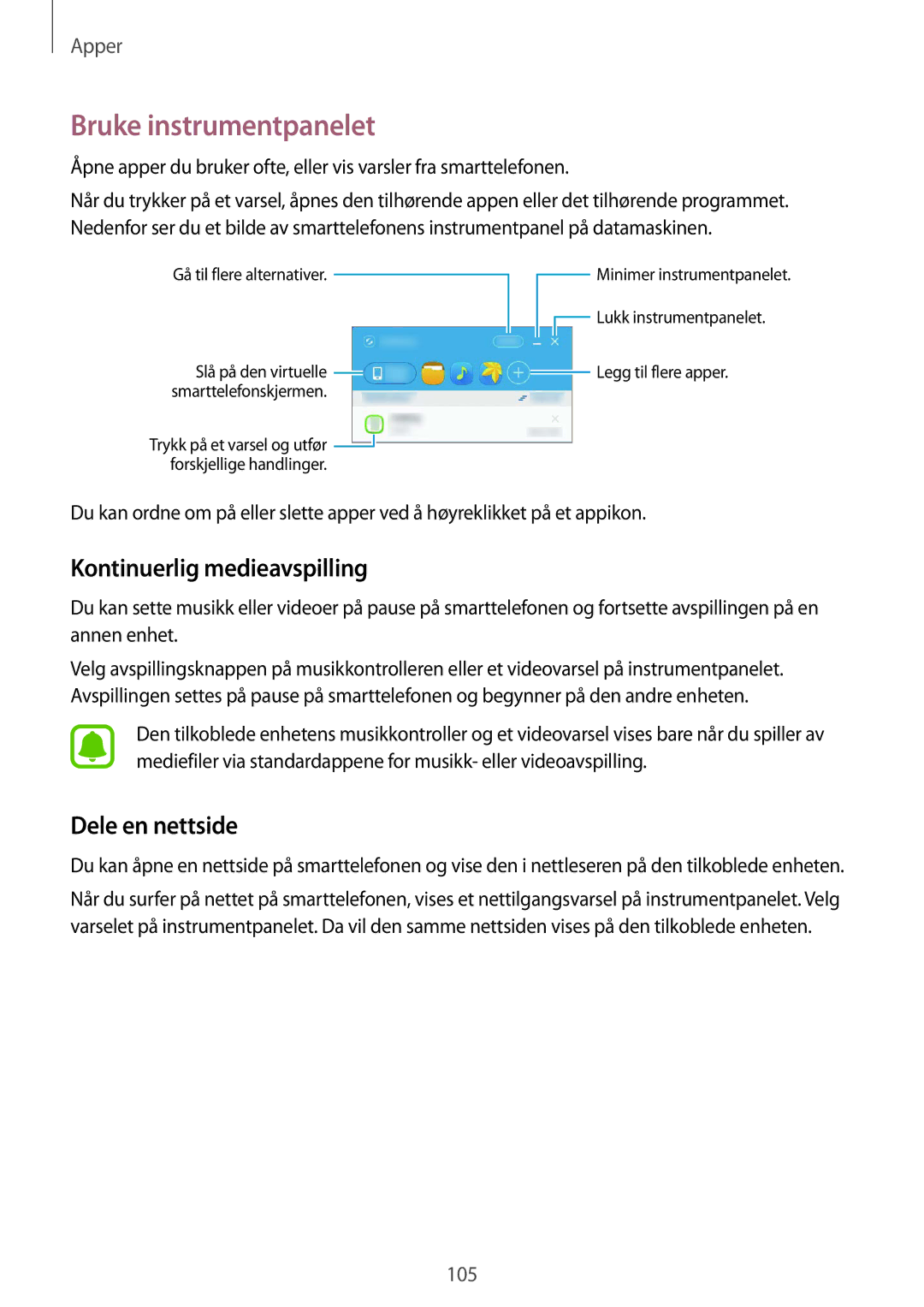 Samsung SM-G928FZSANEE, SM-G928FZDANEE manual Bruke instrumentpanelet, Kontinuerlig medieavspilling, Dele en nettside 