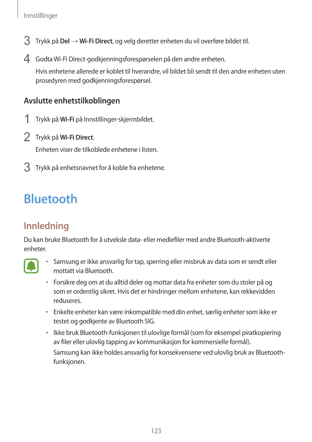 Samsung SM-G928FZSANEE, SM-G928FZDANEE, SM-G928FZKANEE manual Bluetooth, Avslutte enhetstilkoblingen 