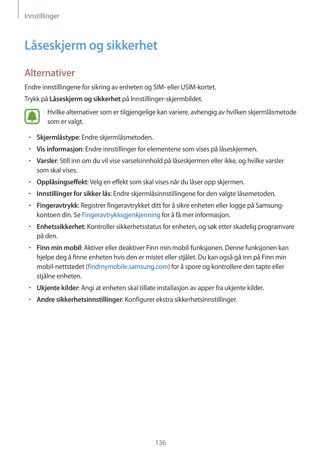 Samsung SM-G928FZDANEE, SM-G928FZSANEE, SM-G928FZKANEE manual Låseskjerm og sikkerhet, Alternativer 