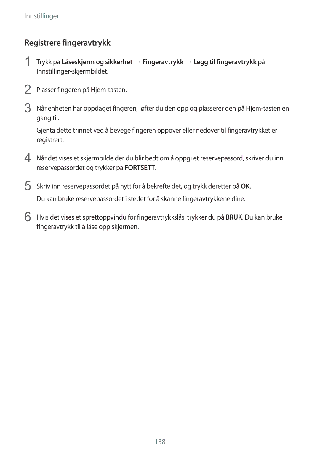 Samsung SM-G928FZSANEE, SM-G928FZDANEE, SM-G928FZKANEE manual Registrere fingeravtrykk 