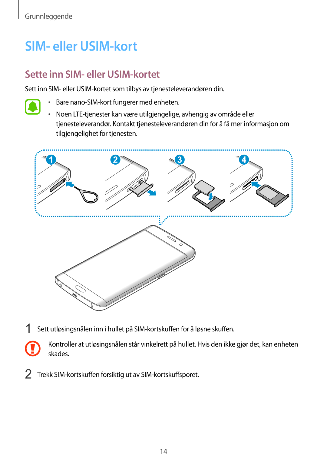 Samsung SM-G928FZKANEE, SM-G928FZSANEE, SM-G928FZDANEE manual Sette inn SIM- eller USIM-kortet 