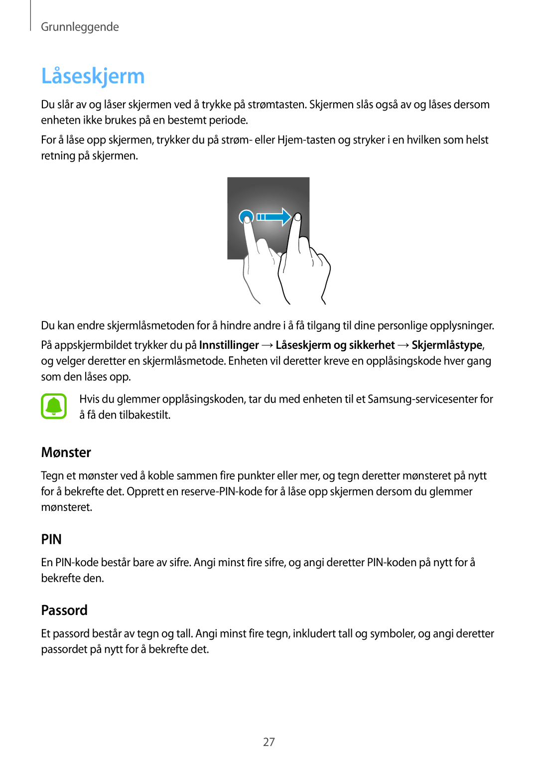 Samsung SM-G928FZSANEE, SM-G928FZDANEE, SM-G928FZKANEE manual Låseskjerm, Mønster, Passord 