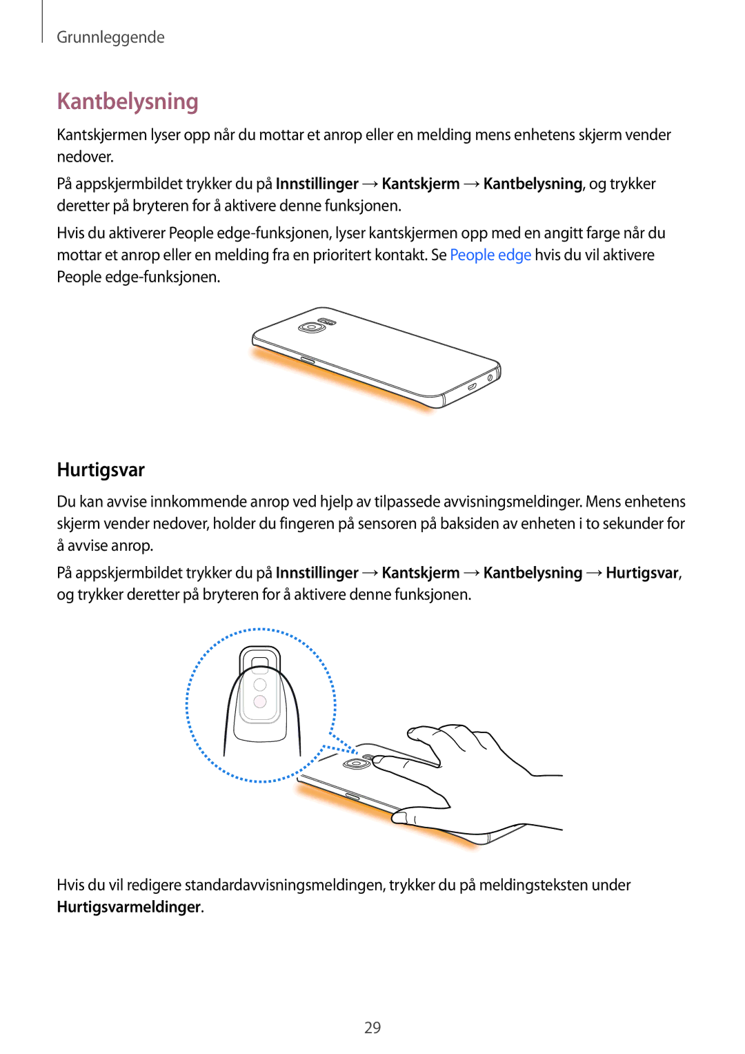 Samsung SM-G928FZKANEE, SM-G928FZSANEE, SM-G928FZDANEE manual Kantbelysning, Hurtigsvar 