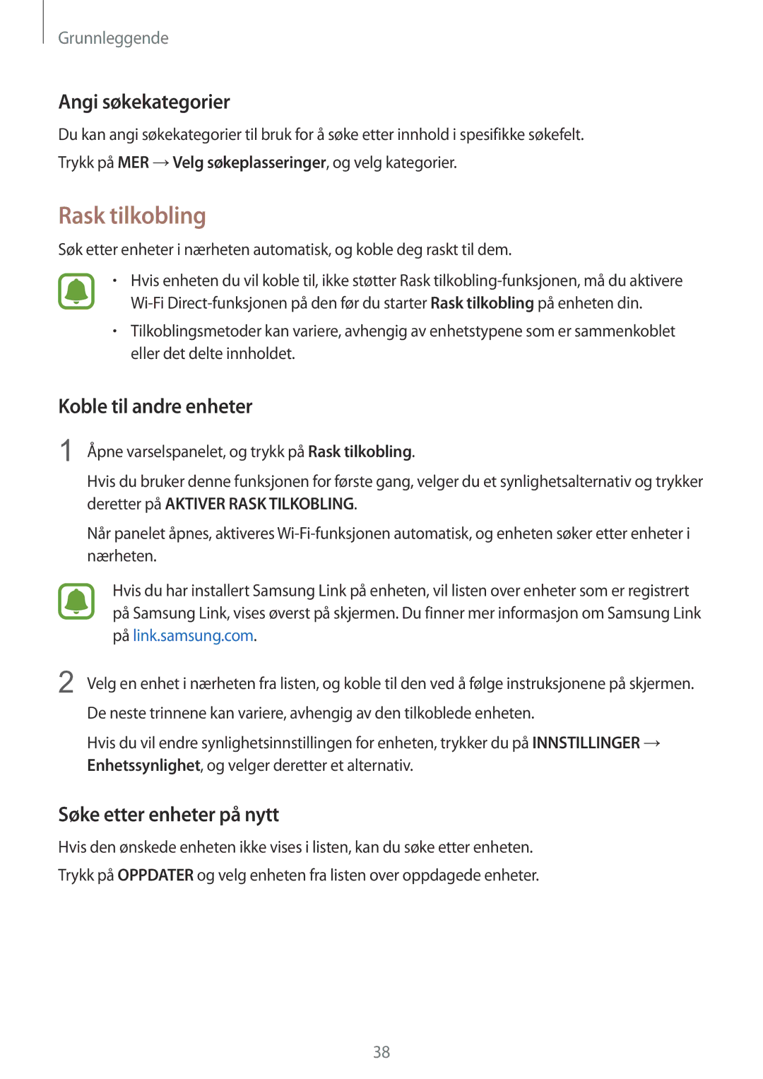 Samsung SM-G928FZKANEE manual Rask tilkobling, Angi søkekategorier, Koble til andre enheter, Søke etter enheter på nytt 